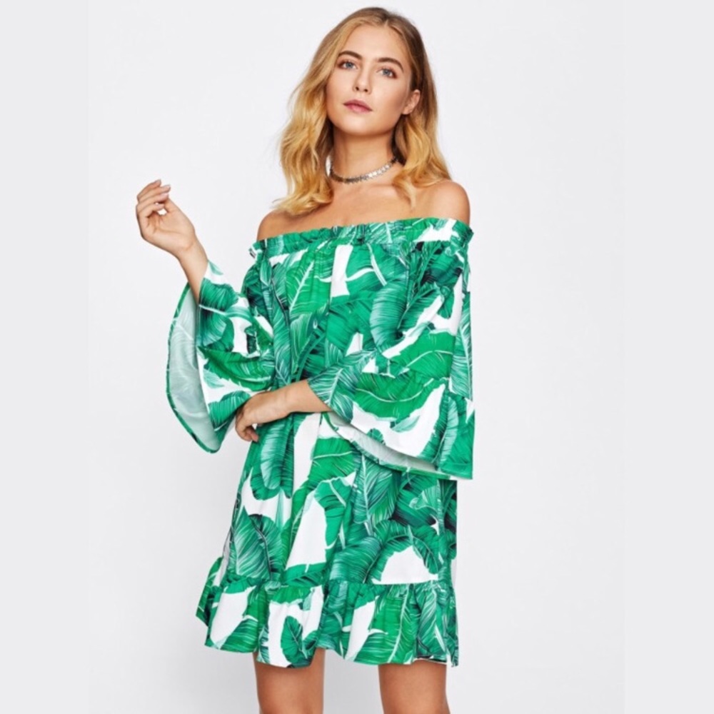 SHEIN Green Leaf Print Off-Shoulder Dress